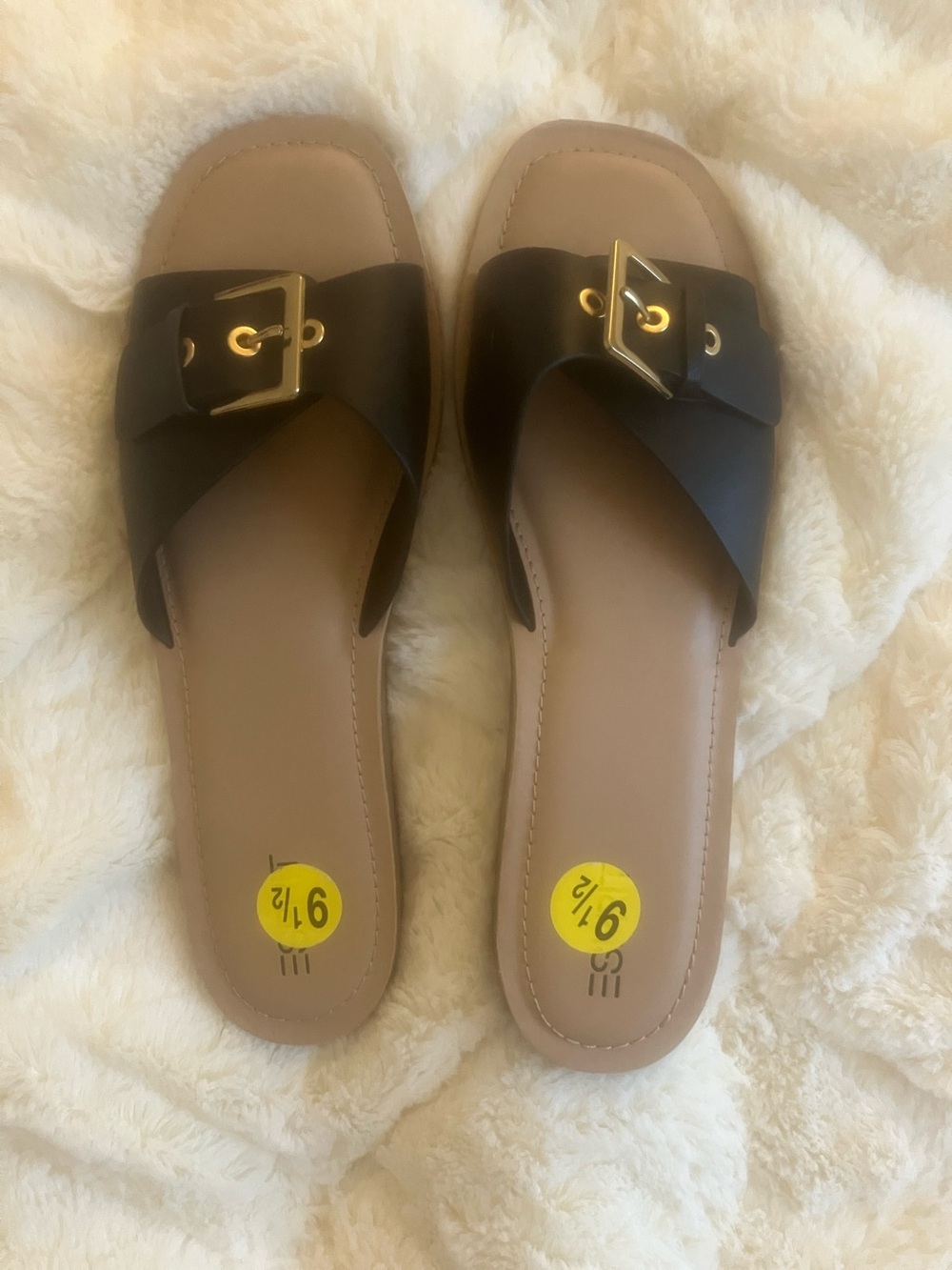 Esprit Black Slide Sandals with Gold Buckle